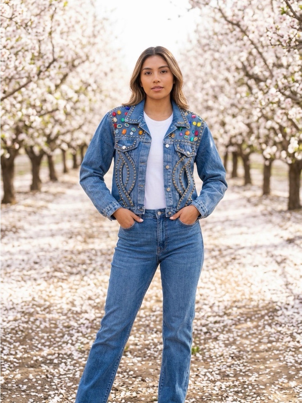 Pastels Blue Denim Jacket with Multicolor Gem Accents Size L - Picture 2 of 8